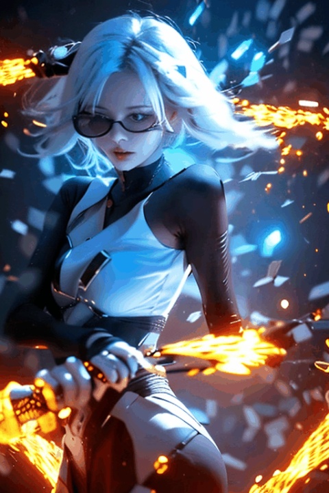  1girl,White hair, Short hair, floating hair, perfect, eye_glasses,energy,glowing,diffractionspikes,ejaculation,electricity,magic,tarrysky