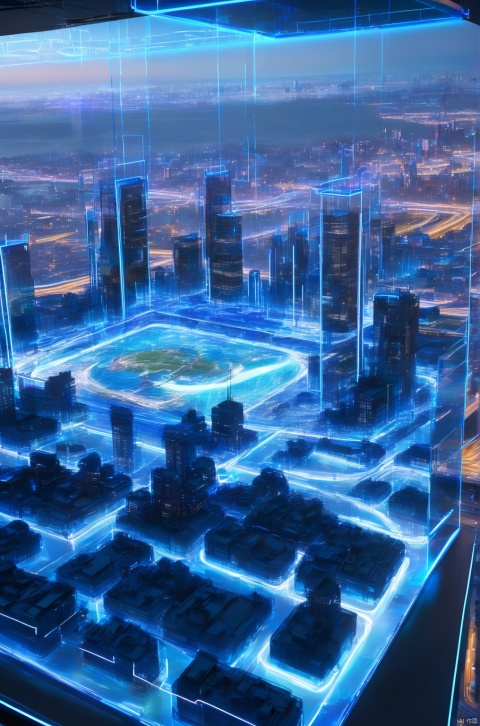 Drone view, A meandering stream of glowing blue information flows through the blue transparent glass model of the city into the distance, Glass building with blue wire frame,Blue and white neon light, Horizon line, Modern design, hologram, Science fiction,no human, made of glass