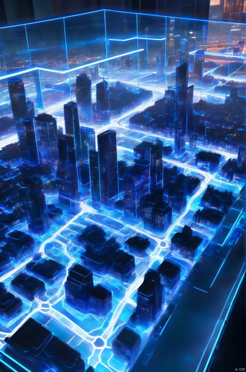 Drone view, A meandering stream of glowing blue information flows through the blue transparent glass model of the city into the distance, Glass building with blue wire frame,Blue and white neon light, Horizon line, Modern design, hologram, Science fiction,no human, made of glass