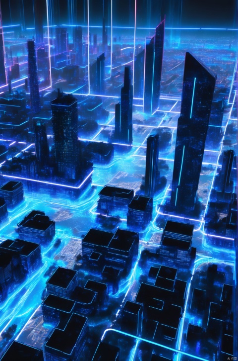 Drone view, A meandering stream of glowing blue particles passes through a virtual city of blue lines, Disembodied holographic building wireframes, Blue and Black neon light, Horizon line, Modern design, hologram, Science fiction,no humans,
