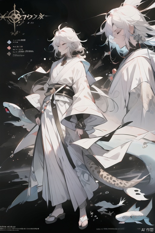 Beautiful detailed boy character reference sheet, pixiv, ***** vtuber, White hair, Snow leopard ears, Snow leopard tail, Shark teeth, Buddha beads, Chinese Tibetan costume, fantasy, interesting design, neon, concept art sheet, full body visual, character reference sheet 