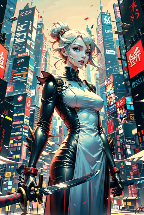  SH, sword, weapon, solo, holding, holding sword, holding weapon, 1girl, katana, bodysuit, cyberpunk, hair bun, science fiction, single hair bun, cowboy shot, standing, white hair, looking to the side, artist name, short hair, signature, 1other,death sign star