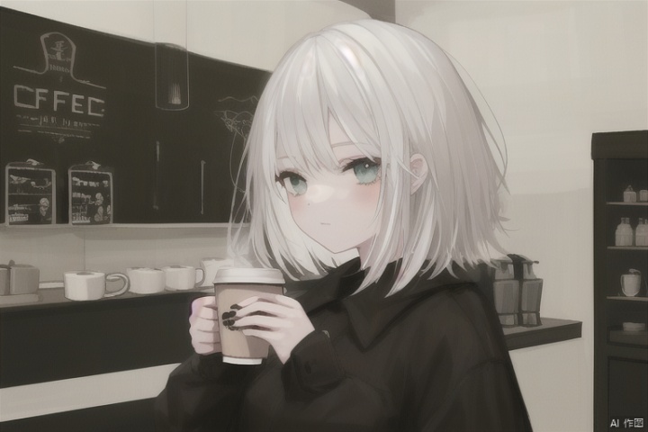 White-haired girl holding coffee cup in hand