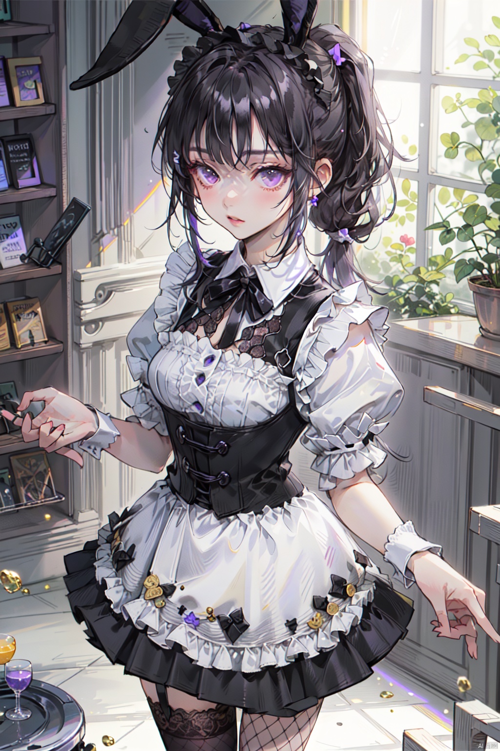 A girl with black hair and purple eyes, wearing short ponytails, ((black and purple landmine style clothing)), maid outfit, (thick lace on the collar and skirt), (rabbit ears), fishnet stockings, (Cute), lift up the skirt with both hands