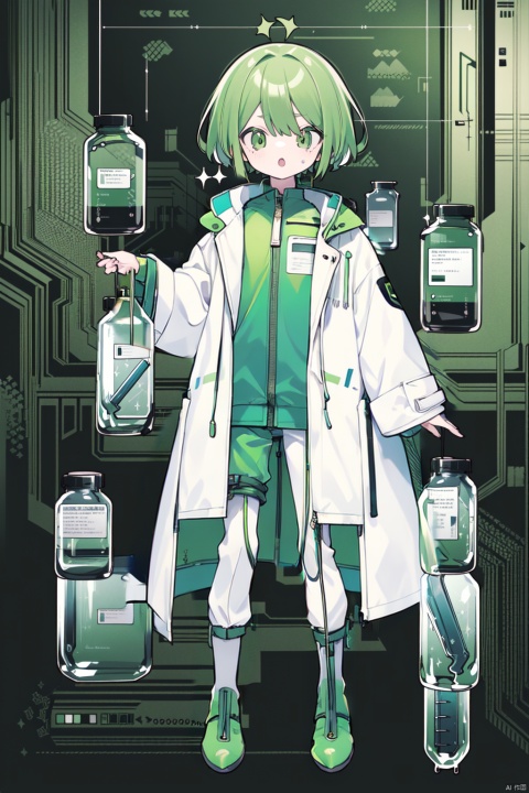   Her aqua hair is curly, and her clothing is mainly bright green, full of a sense of technology and the future. He was wearing a coat made of various test tubes, flasks and experimental equipment. The surface of the coat shone with a cold sheen. The pockets and zippers of the jacket are very delicately designed, and his trousers are also made of similar materials. The trouser legs are loose and comfortable, making it convenient for him to perform various experimental operations. His head was covered by a twining vine, the leaves were green and full of vitality. He held a test tube in his hand, and the liquid in the test tube was rolling. He wore a pair of green laboratory boots on his feet.
