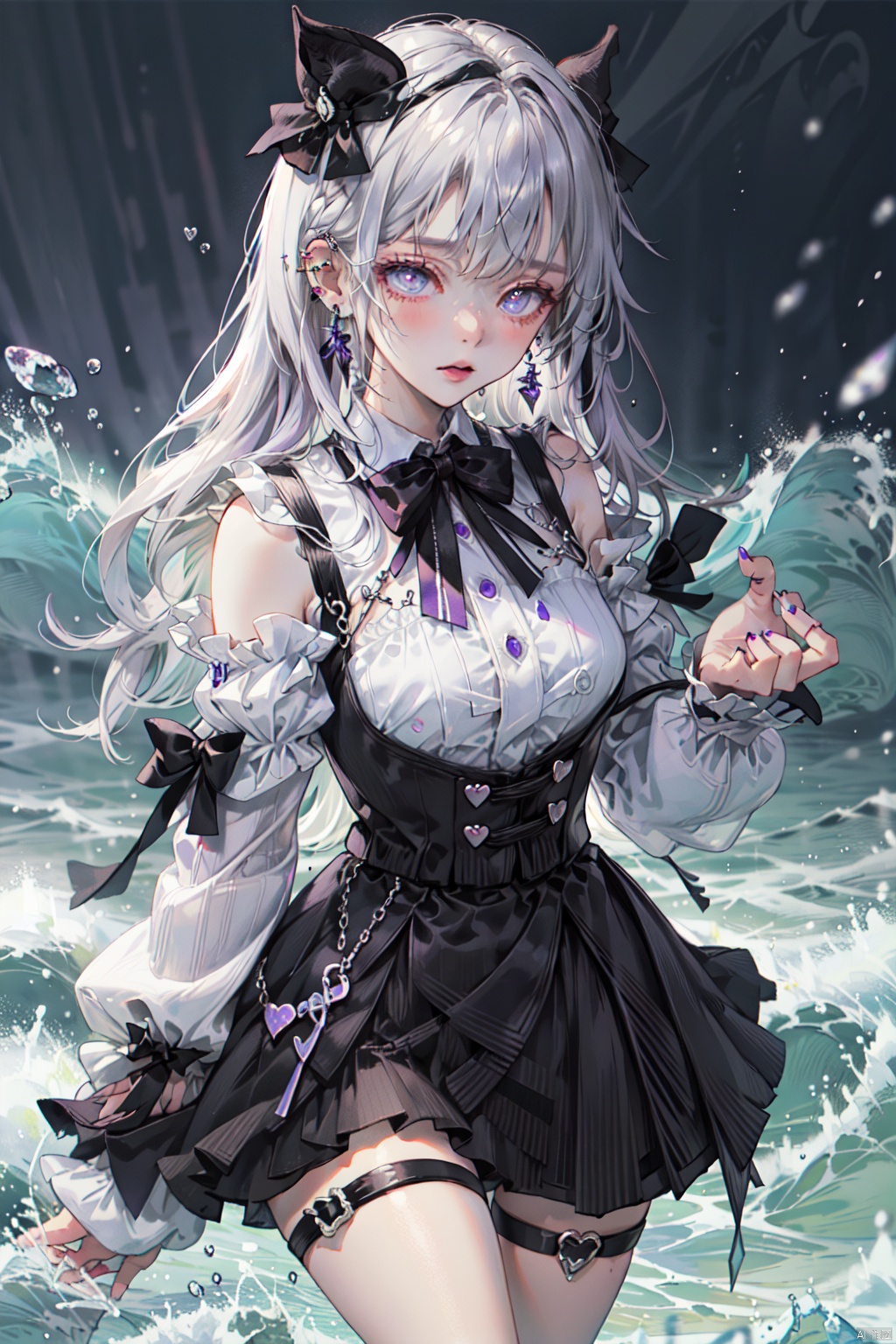 Slender legs, a girl, solo, hollow shoulders, fluffy long sleeves, ribbon trimmed sleeves, black bow tie, suspender skirt, thigh strap, heart-shaped necklace, pierced ears, nails, ribbon, headband, piercing, waves Hair, colored inner hair, pierced ears, heart-shaped pupils, mine girl, eyes-covering hair, black and purple