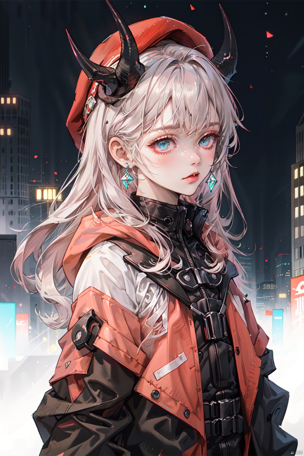 A girl with long blue curly hair, red devil horns with crystal texture on her head, wearing a red hat on her head, red and black clothes, pink and blue background, official art, cyberpunk, lyco art, tech style street, building , Jacket