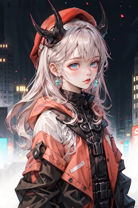 A girl with long blue curly hair, red devil horns with crystal texture on her head, wearing a red hat on her head, red and black clothes, pink and blue background, official art, cyberpunk, lyco art, tech style street, building , Jacket