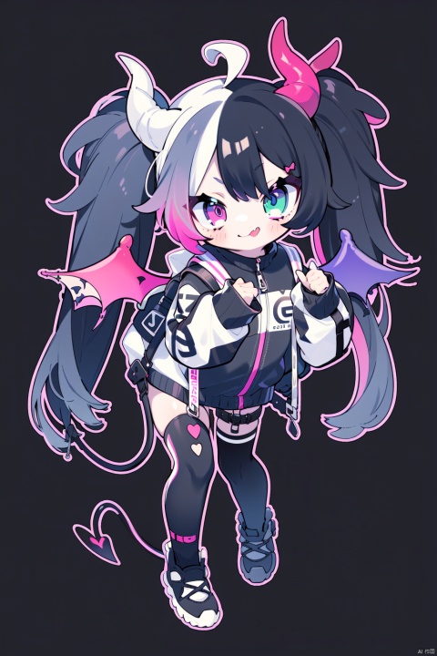 1girl, solo, long hair, looking at viewer, smile, bangs, blue eyes, black hair, thighhighs, bow, twintails, very long hair, jacket, tail, full body, pink hair, ahoge, hair bow, multicolored hair, wings, horns, tongue, socks, fang, striped, virtual youtuber, tongue out, pink eyes, two-tone hair, sleeves past wrists, heterochromia, backpack, demon tail, multicolored clothes, sleeves past fingers, asymmetrical legwear, demon wings, mismatched legwear, split-color hair, detached wings