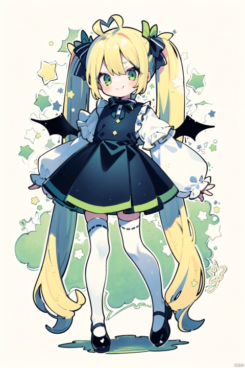 1girl, solo, long hair, looking at viewer, smile, skirt, blonde hair, shirt, thighhighs, twintails, green eyes, standing, full body, short sleeves, wings, shoes, star \(symbol\), black footwear, white thighhighs, sleeves past wrists, traditional media, mary janes, antennae