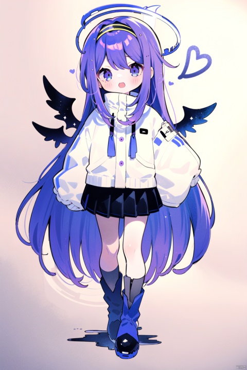 1girl, solo, long hair, looking at viewer, open mouth, skirt, long sleeves, very long hair, standing, full body, purple hair, heart, pleated skirt, hairband, boots, wings, black skirt, sleeves past wrists, halo, traditional media