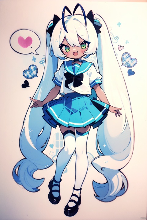 1girl, solo, long hair, looking at viewer, smile, open mouth, skirt, shirt, thighhighs, bow, twintails, very long hair, green eyes, full body, white hair, short sleeves, heart, wings, shoes, sailor collar, black footwear, white thighhighs, colored skin, traditional media, spoken heart, antennae, arthropod girl