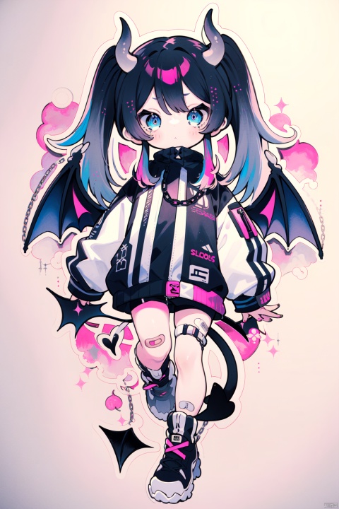 1girl, solo, looking at viewer, blue eyes, black hair, long sleeves, twintails, jacket, tail, full body, pink hair, multicolored hair, wings, chain, traditional media, bandaid, demon wings