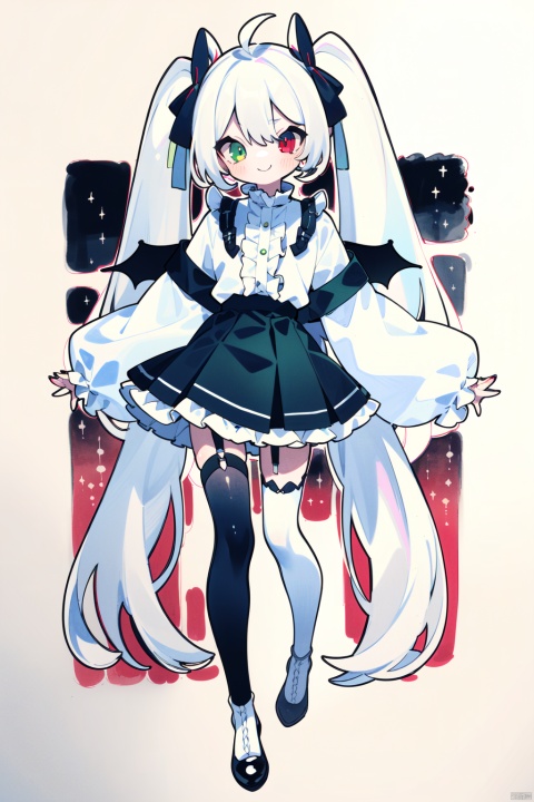 1girl, solo, long hair, looking at viewer, smile, skirt, shirt, red eyes, thighhighs, long sleeves, twintails, green eyes, standing, full body, white hair, short sleeves, wings, shoes, black footwear, white thighhighs, sleeves past wrists, heterochromia, traditional media, frilled skirt