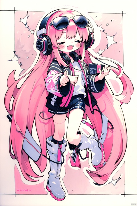 1girl, solo, long hair, smile, open mouth, holding, very long hair, closed eyes, pink hair, boots, headphones, traditional media, sunglasses