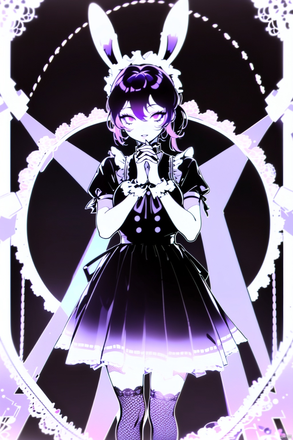 A girl with black hair and purple eyes, wearing short ponytails, ((black and purple landmine style clothing)), maid outfit, (thick lace on the collar and skirt), (rabbit ears), fishnet stockings, (Cute), lift up the skirt with both hands