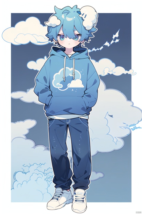 a boy,A full-body portrait, T wears a loose purple sweatshirt with an abstract cloud pattern printed on it,  The hood of the sweatshirt is hung casually on the back of the head, adding a sense of leisure. The lower body is paired with a pair of dark jeans, with the trousers slightly rolled up to expose the ankles, looking clean and neat. He wore a pair of white sneakers with casual laces. The blue hair is as fluffy as clouds, the eyes are clear, and the tranquil blue is the main color, giving people a gentle and firm feeling. He wore an armor made of blue shields and clouds. His head was covered by a light cloud. The shape of the cloud was soft and varied.