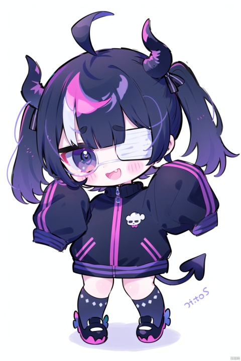 1girl, solo, long hair, looking at viewer, smile, open mouth, bangs, black hair, hair ornament, long sleeves, white background, bow, twintails, standing, purple eyes, jacket, tail, full body, pink hair, ahoge, :d, hair bow, red hair, multicolored hair, horns, chibi, two-tone hair, black jacket, sleeves past wrists, blush stickers, eyepatch, demon tail, yellow bow, sleeves past fingers, purple jacket, split-color hair, medical eyepatch, pillarboxed