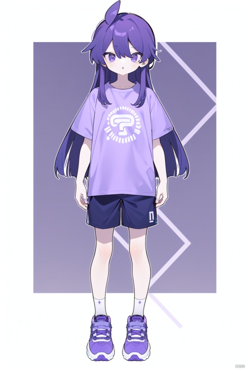  long straight hair,Full body image, standing, with long purple hair, smooth and elegant, and purple eyes shining mysteriously. He was wearing a purple T-shirt with a big question mark printed on it. The shorts are purple and white with fun fringe accents. Wearing a pair of purple sneakers under her feet, the shoelaces are tied into a bow.