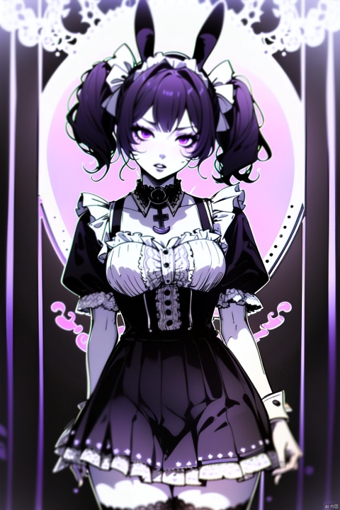 A girl with black hair and purple eyes, wearing short ponytails, ((black and purple landmine style clothing)), maid outfit, (thick lace on the collar and skirt), (rabbit ears), fishnet stockings, (Cute), lift up the skirt with both hands