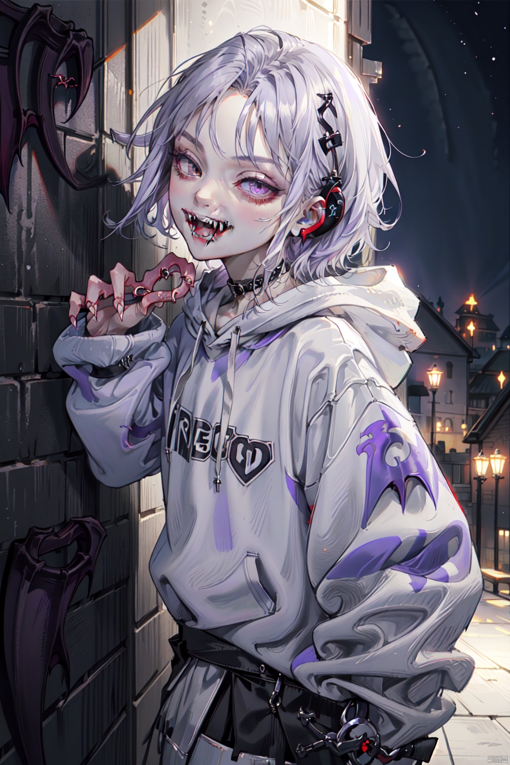 Tall girl, lavender hair, short hair, fluffy hair, white loose hooded sweatshirt, with hood, leaning against the wall, smiling happily, opening her mouth, (fangs: 2), pointed teeth, lavender headband earphone