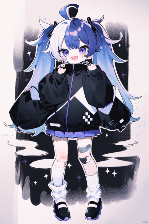 1girl, solo, long hair, looking at viewer, smile, open mouth, skirt, long sleeves, twintails, blue hair, standing, full body, purple hair, ahoge, multicolored hair, shoes, socks, sleeves past wrists, traditional media, white footwear, black socks, bandaid, sleeves past fingers, bandaid on face, bandaid on leg, hatching \(texture\), bandaid on knee