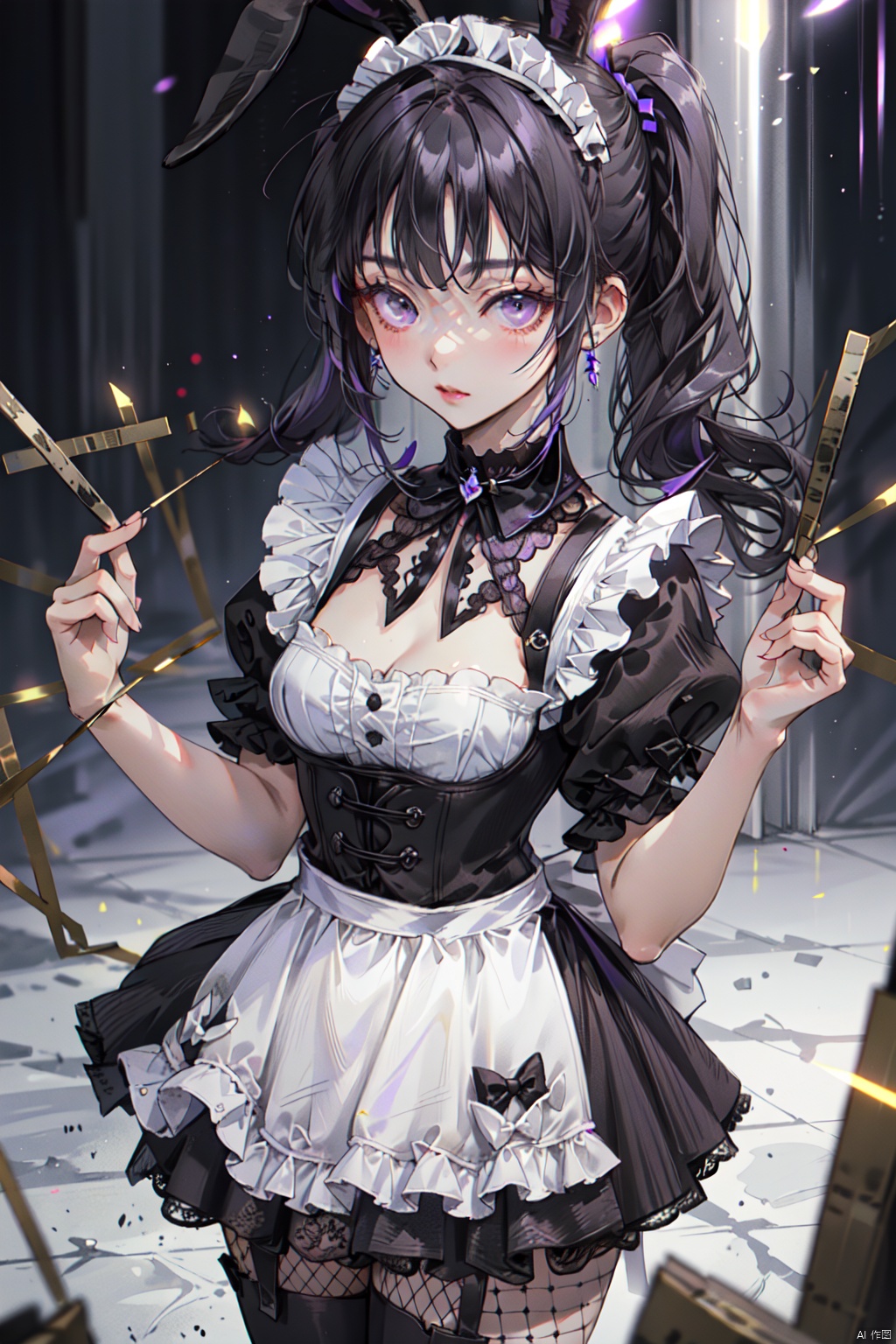 A girl with black hair and purple eyes, wearing short ponytails, ((black and purple landmine style clothing)), maid outfit, (thick lace on the collar and skirt), (rabbit ears), fishnet stockings, (Cute), lift up the skirt with both hands