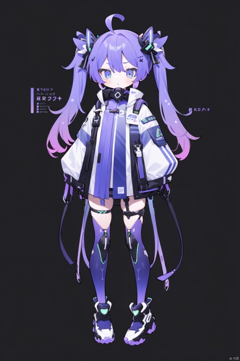 1girl, solo, long hair, blue eyes, gloves, twintails, standing, full body, purple hair, ahoge, multicolored hair, personification