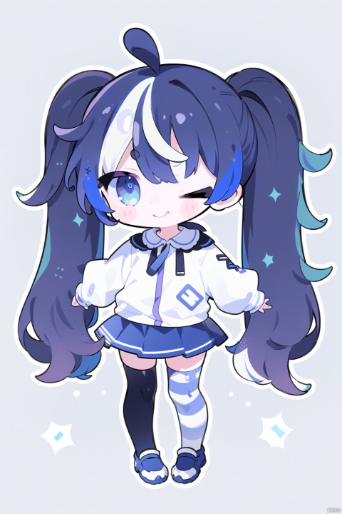 1girl, solo, long hair, looking at viewer, smile, blue eyes, skirt, thighhighs, long sleeves, bow, twintails, blue hair, standing, full body, purple hair, ahoge, multicolored hair, one eye closed, striped, chibi, streaked hair