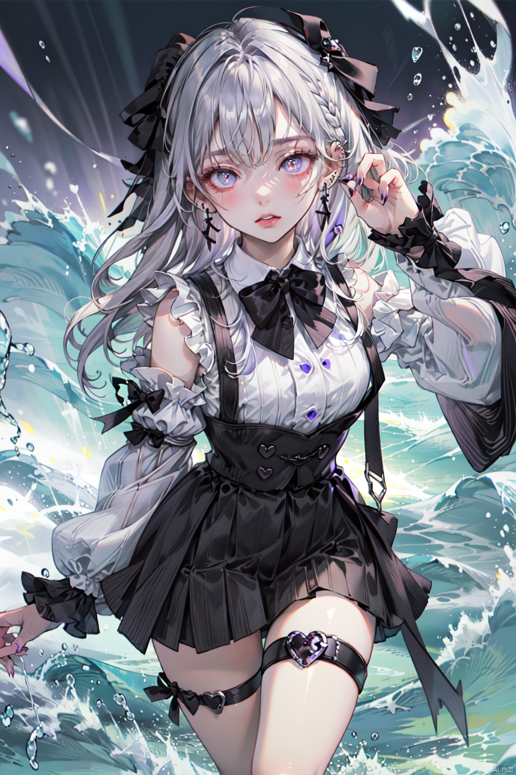 Slender legs, a girl, solo, hollow shoulders, fluffy long sleeves, ribbon trimmed sleeves, black bow tie, suspender skirt, thigh strap, heart-shaped necklace, pierced ears, nails, ribbon, headband, piercing, waves Hair, colored inner hair, pierced ears, heart-shaped pupils, mine girl, eyes-covering hair, black and purple