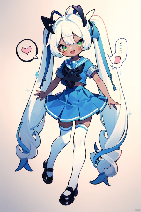 1girl, solo, long hair, looking at viewer, smile, open mouth, skirt, shirt, thighhighs, bow, twintails, very long hair, green eyes, full body, white hair, short sleeves, heart, wings, shoes, sailor collar, black footwear, white thighhighs, colored skin, traditional media, spoken heart, antennae, arthropod girl