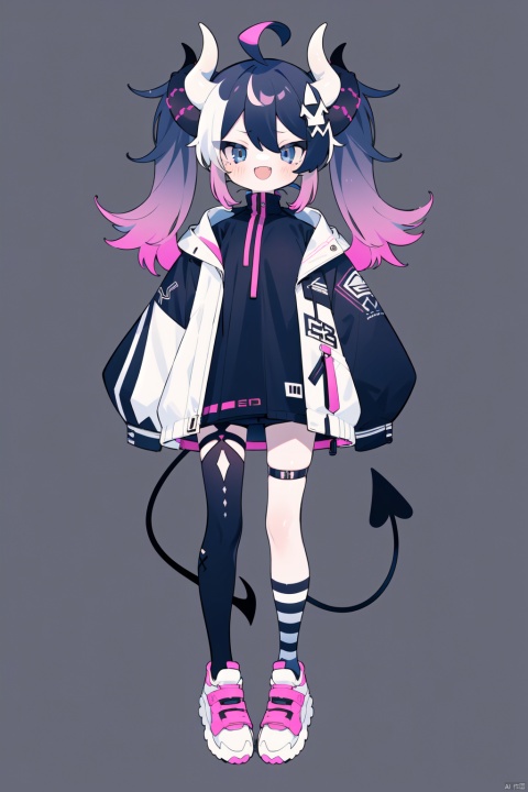 1girl, solo, long hair, looking at viewer, smile, open mouth, bangs, blue eyes, black hair, hair ornament, long sleeves, twintails, standing, jacket, tail, full body, pink hair, ahoge, white hair, :d, multicolored hair, wings, horns, shoes, socks, fang, striped, two-tone hair, sleeves past wrists, demon girl, demon horns, demon tail, multicolored clothes, asymmetrical legwear, demon wings, split-color hair, asymmetrical footwear, mismatched footwear, split theme