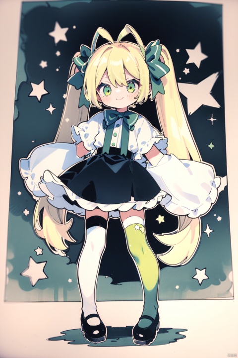 1girl, solo, long hair, looking at viewer, smile, skirt, blonde hair, shirt, thighhighs, twintails, green eyes, standing, full body, short sleeves, wings, shoes, star \(symbol\), black footwear, white thighhighs, sleeves past wrists, traditional media, mary janes, antennae