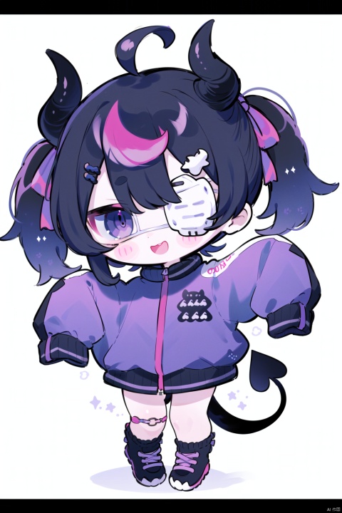 1girl, solo, long hair, looking at viewer, smile, open mouth, bangs, black hair, hair ornament, long sleeves, white background, bow, twintails, standing, purple eyes, jacket, tail, full body, pink hair, ahoge, :d, hair bow, red hair, multicolored hair, horns, chibi, two-tone hair, black jacket, sleeves past wrists, blush stickers, eyepatch, demon tail, yellow bow, sleeves past fingers, purple jacket, split-color hair, medical eyepatch, pillarboxed