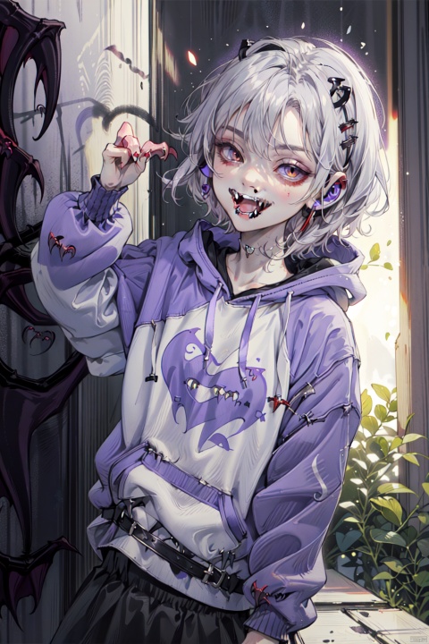 Tall girl, lavender hair, short hair, fluffy hair, white loose hooded sweatshirt, with hood, leaning against the wall, smiling happily, opening her mouth, (fangs: 2), pointed teeth, lavender headband earphone