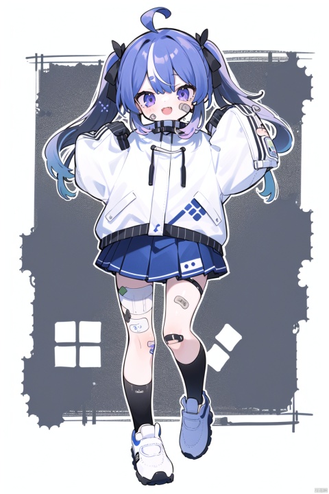 1girl, solo, long hair, looking at viewer, smile, open mouth, skirt, long sleeves, twintails, blue hair, standing, full body, purple hair, ahoge, multicolored hair, shoes, socks, sleeves past wrists, traditional media, white footwear, black socks, bandaid, sleeves past fingers, bandaid on face, bandaid on leg, hatching \(texture\), bandaid on knee