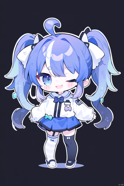 1girl, solo, long hair, looking at viewer, smile, blue eyes, skirt, thighhighs, long sleeves, bow, twintails, blue hair, standing, full body, purple hair, ahoge, multicolored hair, one eye closed, striped, chibi, streaked hair