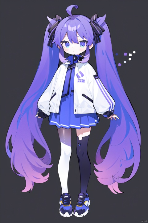 1girl, solo, long hair, blue eyes, skirt, twintails, very long hair, standing, full body, purple hair, ahoge, multicolored hair, personification