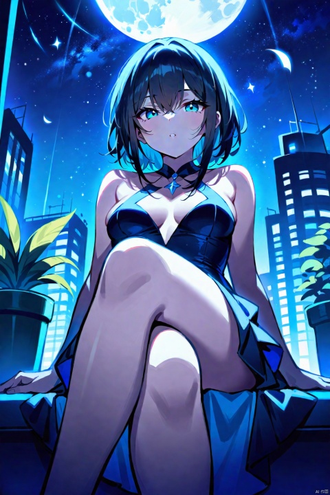  masterpiece, best quality,..night,.city,.on roof,.full moon,.starry sky,.horizon,.milky way,.potted plant,..1girl,.crossed legs,.dark blue dress,.(texture skin:1.2),.skin pores,...