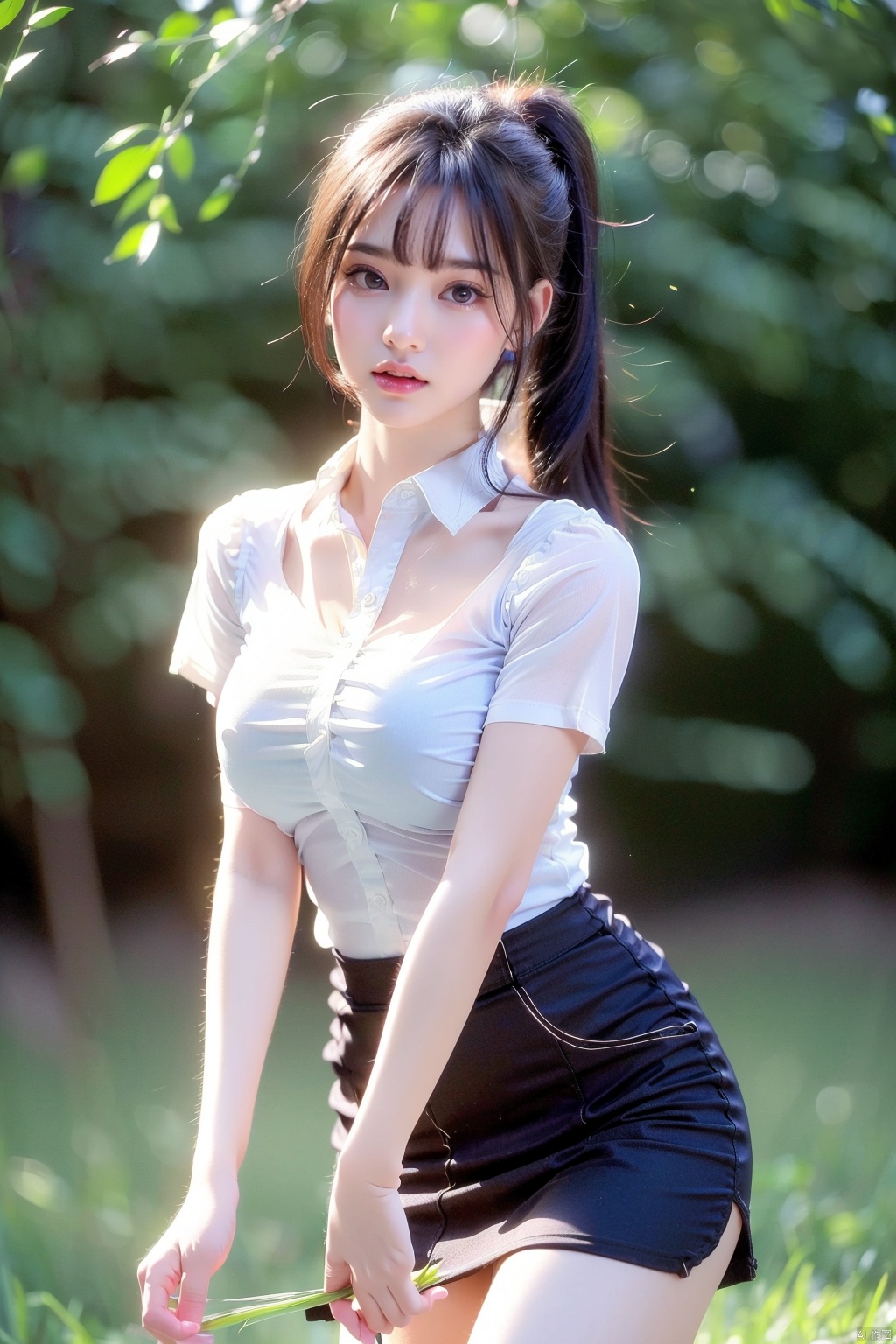 1 girl,(student short sleeve shirt clothing:1.5), (huge breasts:1), slim,(8k, RAW photo, best quality, masterpiece:1.4),(realistic,photo-realistic:1.4), perfect body ,capricornus, workplace uniform,(nsfw:1),Girl,sleeveless,Thick black hair,(breasts:0.8),transparent,And slim figure,outdoor,standing grass,single ponytail,Double tail,student skirt,flower