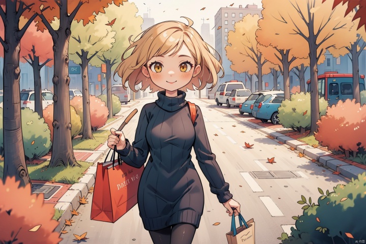 close-up,beautiful face, masterpiece, best quality, 1girl, shiny skin, cinematic lighting, medium breasts, looking at viewer, messy hair, blonde hair, yellow eyes, solo, autumn, outdoors, smile, blush, windy, black sweater dress, ribbed, knit, turtleneck sweater dress, black pantyhose, walking, city, shopping, dynamic angle, close-up, ultra-detailed, 8k, rtx, ambient occlusion, rim lighting, bustling, 