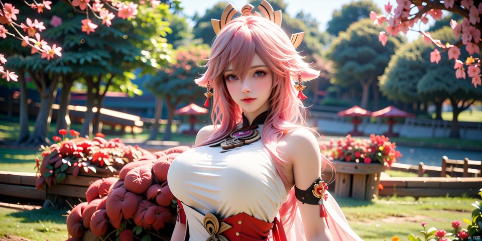  Masterpiece, Best Quality, Best Shadow, Official art, Huge breasts :1.6), correct body proportions, Ultra HD pictures, master composition), (Best hand detail :1.2), bust size, full breasts, huge breasts,1 Girl, hat, pink hair, long hair, pink eyes, jewelry, flowers, bare shoulders, white gloves, dresses, long legs, bare legs, gorgeous hemlines, big boobs, sexiness, modeling, //////(Sunny Day, walking in the garden), medieval European courtyard and vegetation, Metal_wing, seductive eyes, masterpiece, standing position, ((poakl)),Upper Body