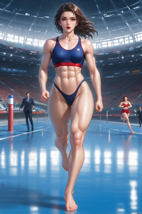 1 beautiful European young woman(running athlete),small breast,tall,Muscle lines are pronounced,strong body,strong thighs,smooth skin,red lips,wearing super short sport bra(deep V),thong,Barefeet,standing,pose,elegant,charming, Sweating profusely,in the stadium,strict expression,Train hard,running