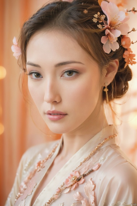 East Asian woman, traditional attire, ancient Chinese fashion, peach blossom hair accessory, delicate makeup, porcelain skin, ethereal beauty, expressive eyes, subtle gaze, windblown hair, sheer fabric, ornate patterns, gold and orange tones, fine jewelry, soft lighting, neutral background, close-up portrait, visual storytelling, femininity, elegance, cultural representation, serene expression, fashion photograph