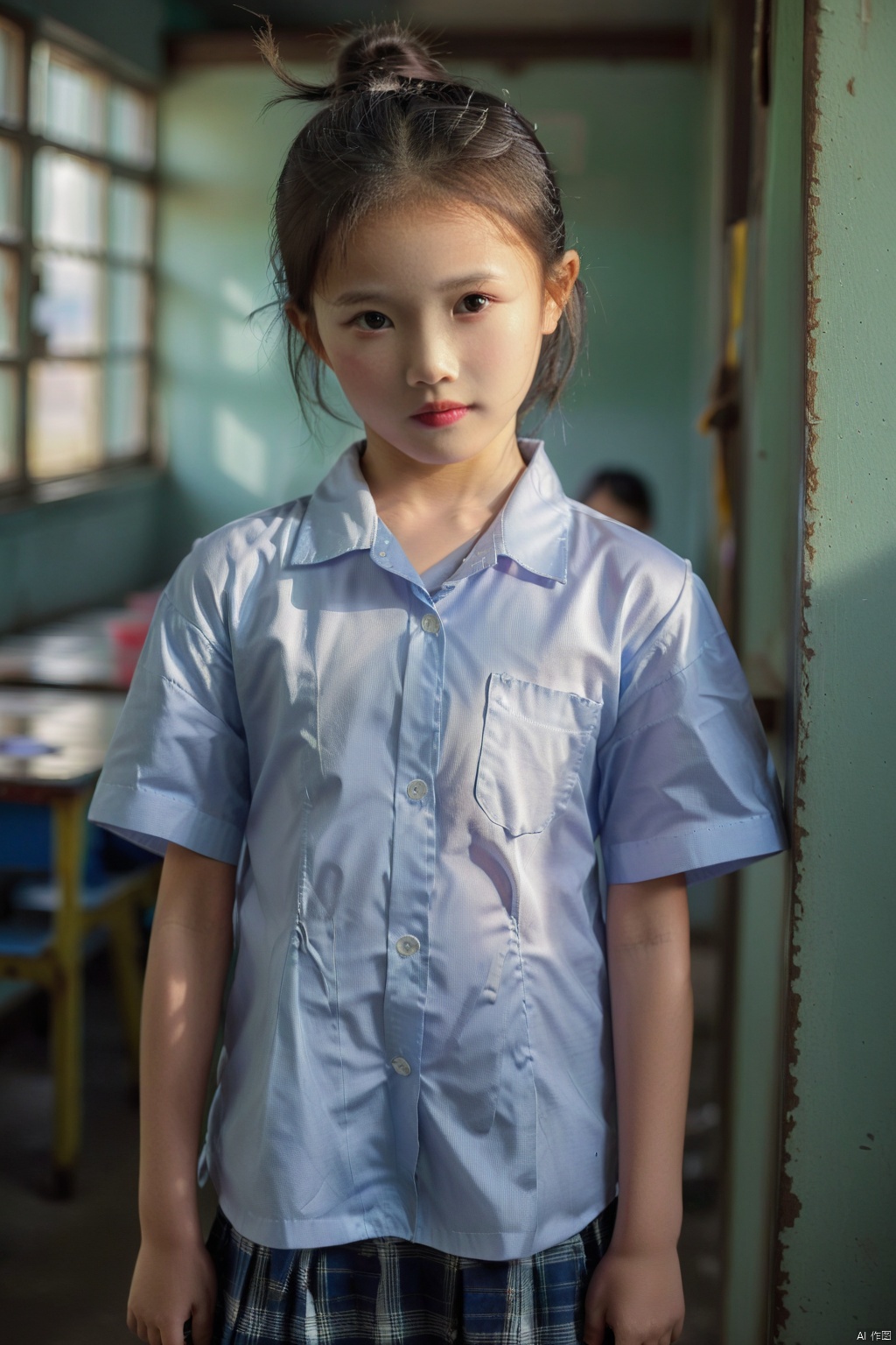 above the knee picture, 1 Chinese young girl(10 years old),(small breast),(open school shirt),in the school,standing,unhappy,Loose hair,(sad expression),in the morning,weak light,elegant makeup,raw picture,Detail Shot(ECU)