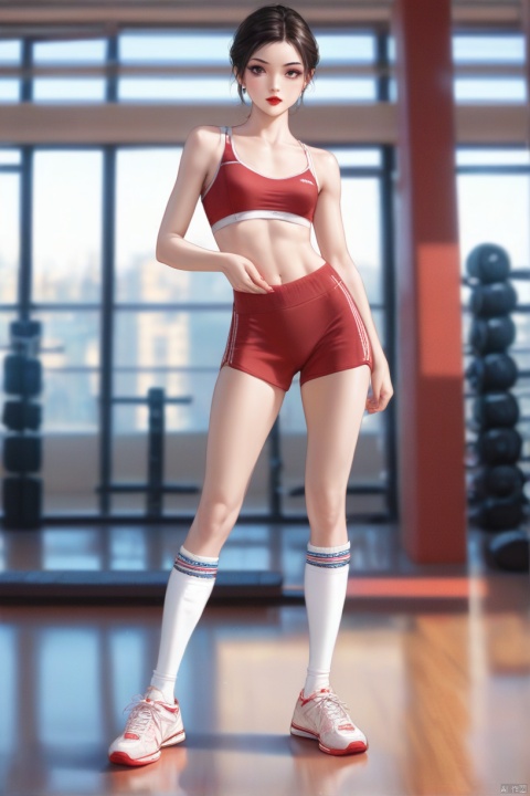 1 beautiful Chinese female athlete, small breast,smooth skin,red lips,wearing super short sport bra,long socks,sneakers,standing, elegant,charming, in the gym,strict expression
