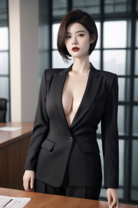 1 beautiful Chinese woman(mature),plump breast,smooth skin,red lips,wearing deep V suit,wearing black stocking,wearing high heels, elegant,charming,loose hair,in the office,strict expression,frown,dark light