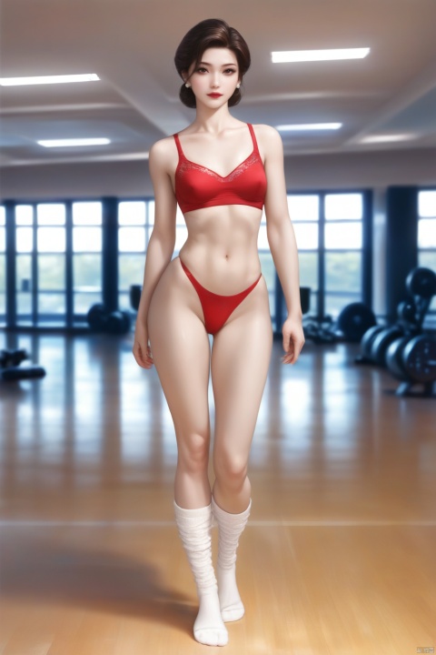 1 beautiful Chinese woman(mature), small breast,little strong body,smooth skin,red lips,wearing super short sport bra(deep V),thong,long socks,standing, elegant,charming, in the gym,strict expression