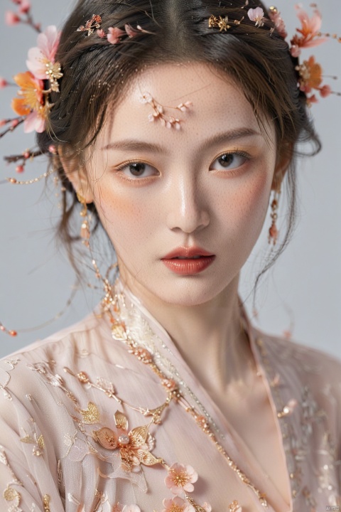 East Asian woman, traditional attire, ancient Chinese fashion, peach blossom hair accessory, delicate makeup, porcelain skin, ethereal beauty, expressive eyes, subtle gaze, windblown hair, sheer fabric, ornate patterns, gold and orange tones, fine jewelry, soft lighting, neutral background, close-up portrait, visual storytelling, femininity, elegance, cultural representation, serene expression, fashion photograph