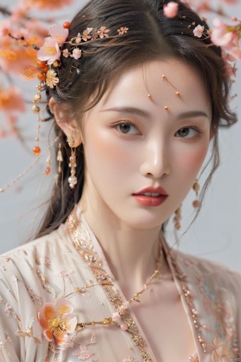 East Asian woman, traditional attire, ancient Chinese fashion, peach blossom hair accessory, delicate makeup, porcelain skin, ethereal beauty, expressive eyes, subtle gaze, windblown hair, sheer fabric, ornate patterns, gold and orange tones, fine jewelry, soft lighting, neutral background, close-up portrait, visual storytelling, femininity, elegance, cultural representation, serene expression, fashion photograph